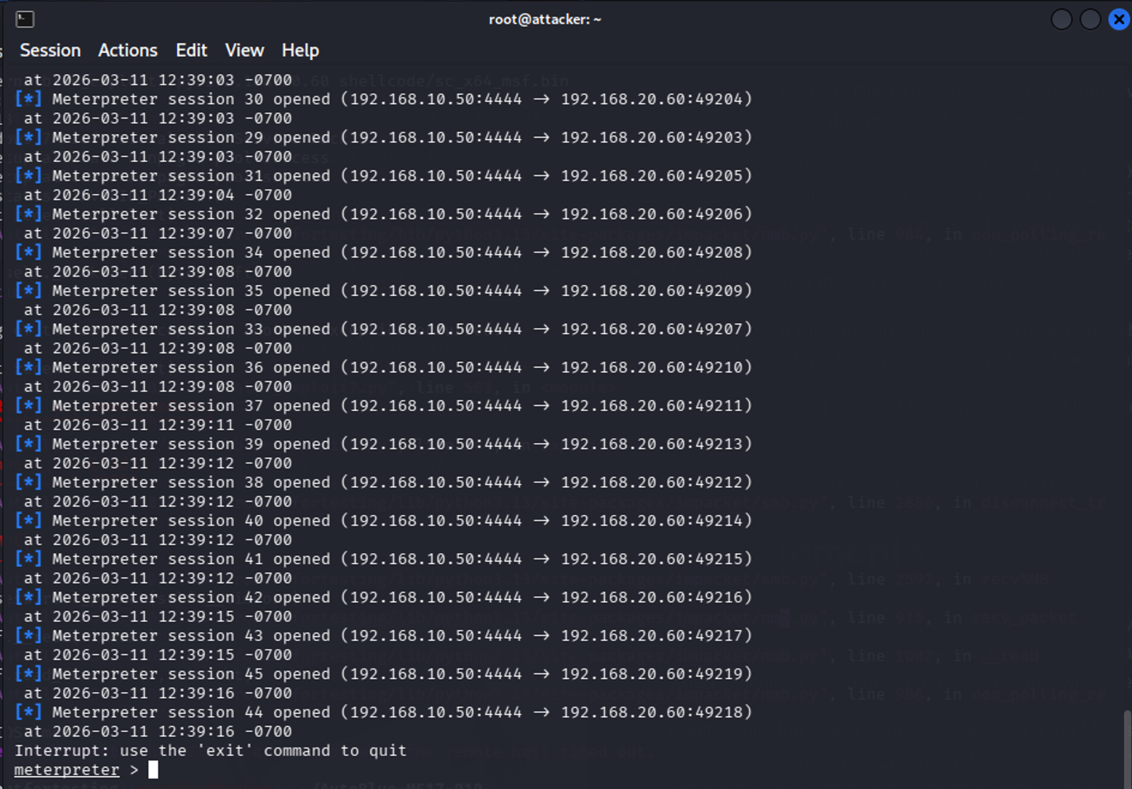 44 meterpreter sessions opened right after each other.