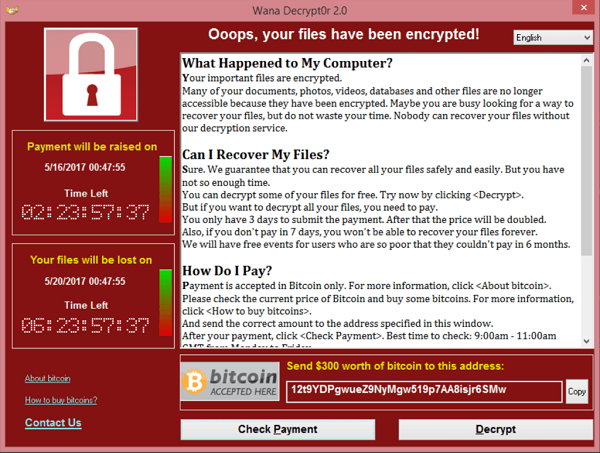 Screenshot of a computer infected by WannaCry