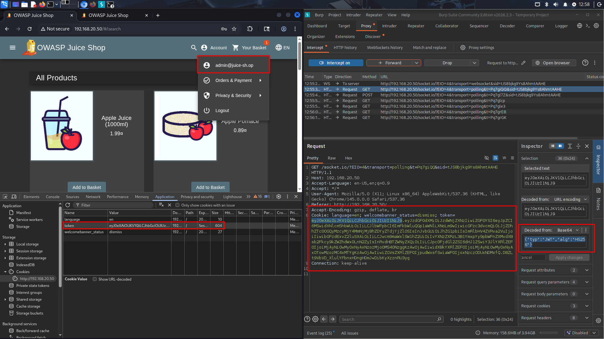 Screenshot showing the cookie, as well as the header decoded with the admin user being logged in to demonstrate the success of the attack.