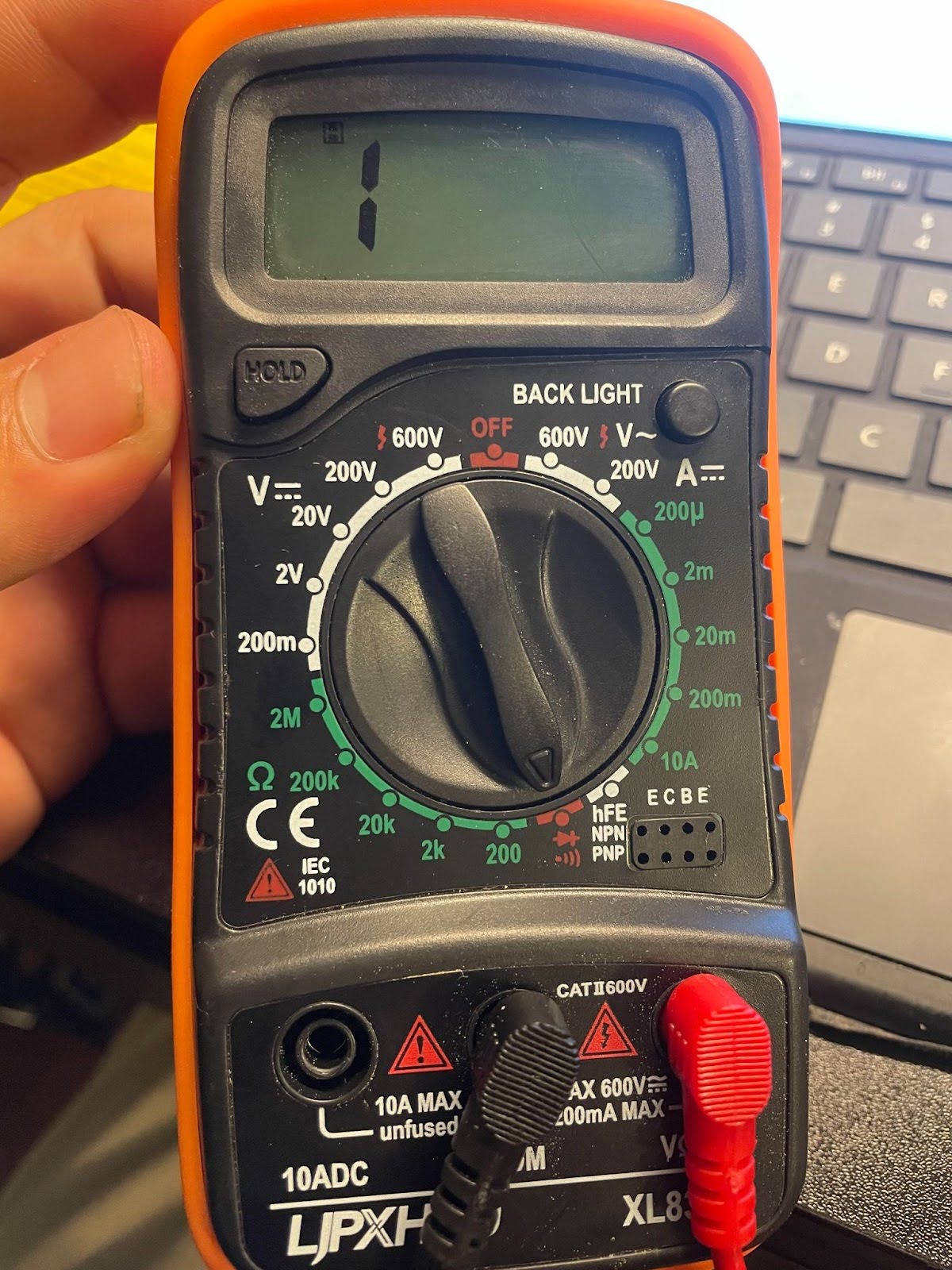 Picture of my trusty Multimeter set to continuity mode.