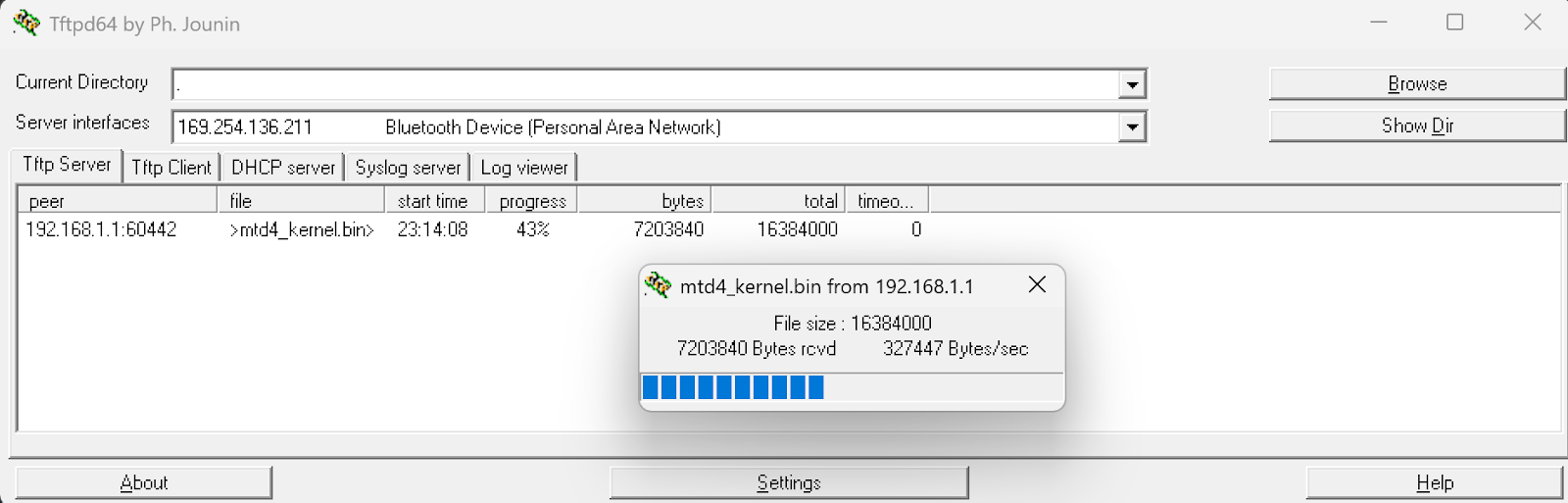 Picture of the TFTPD64 server confirming data being written to it.