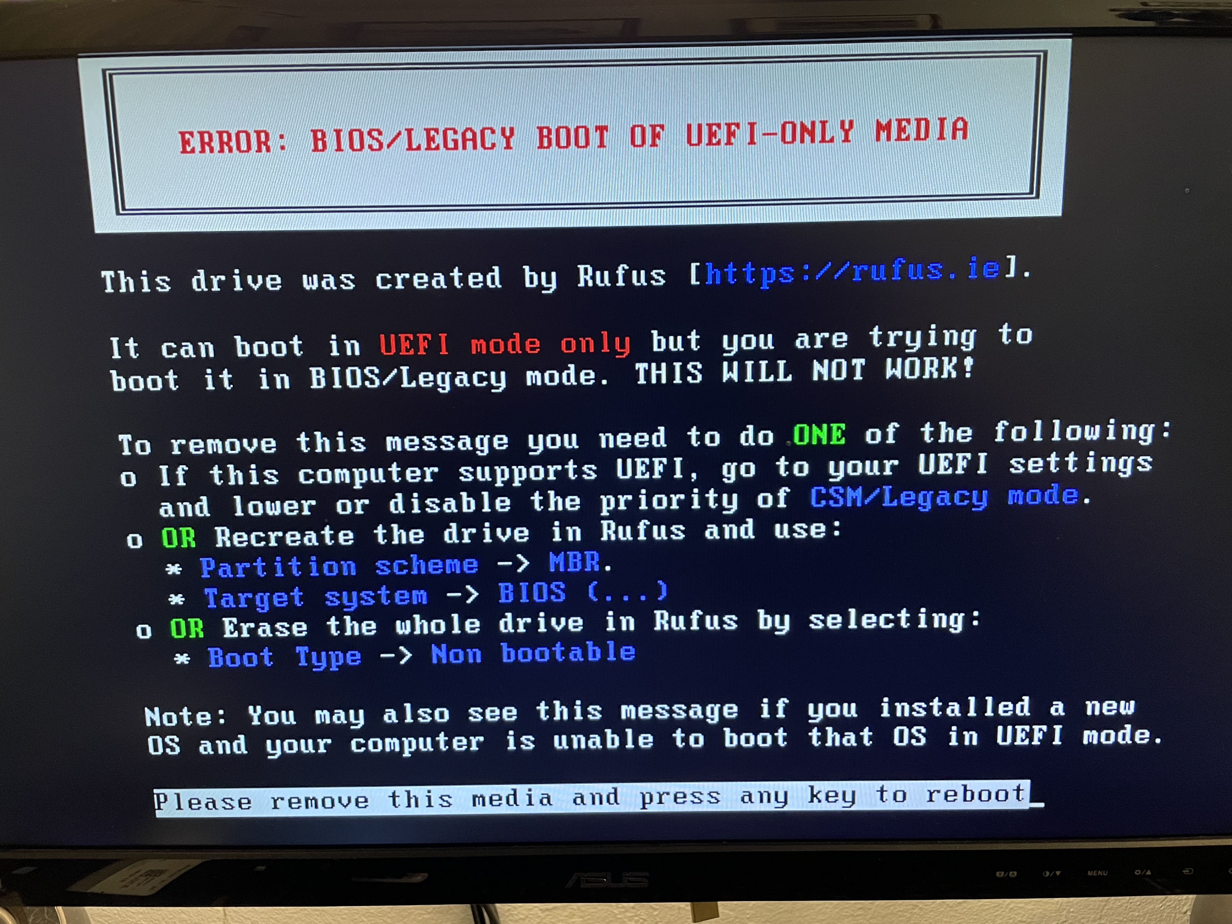 Rufus BIOS or UEFI warning message
